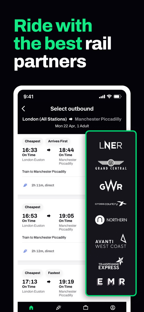 Seatfrog: Rail Journey Planner - Seatfrog mobile app interface showing UK rail journey options and operator logos