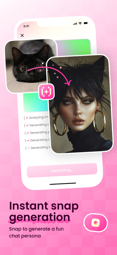 SnapMate.Ai app interface showing a black cat photo being transformed into a human AI chat persona