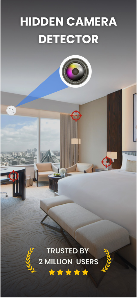 Hidden Camera Detector - Interfaz de la aplicación Hidden Camera Detector escaneando una habitación de hotel en busca de dispositivos espía secretos