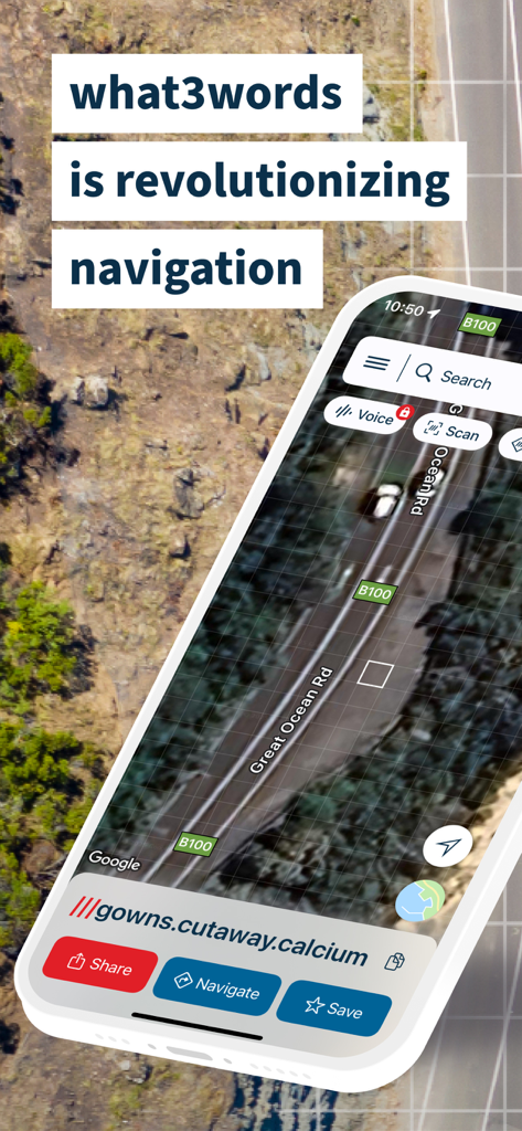 The what3words mobile app interface showing a precise location on a map.