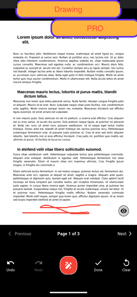 PDF: Viewer - Editor - モバイルエディタアプリのPDFドキュメントに赤い描画ツールで注釈が付けられています。