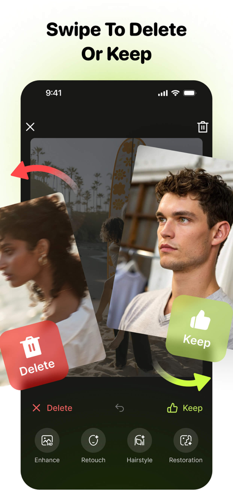 PhotoCat - Enhancer & Cleaner - Interfaz de deslizamiento en la aplicación PhotoCat para eliminar o conservar rápidamente fotos para la gestión del almacenamiento.