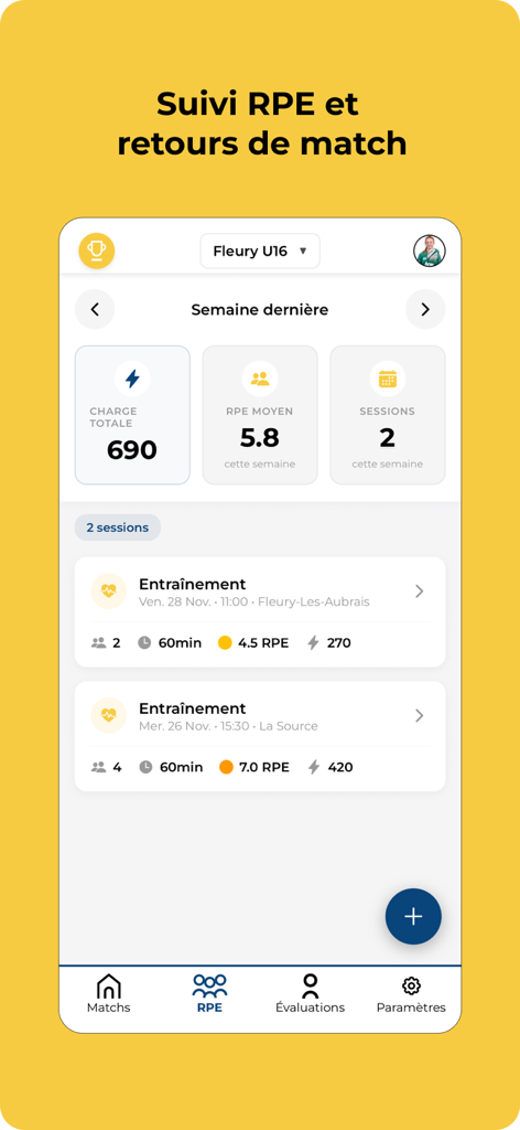 Easy Comp mobile app interface showing player RPE tracking and weekly training workload statistics.