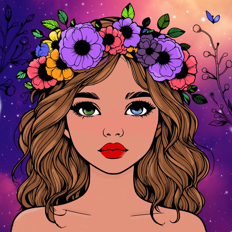 beautiful realistic girl with freckles and a flower crown