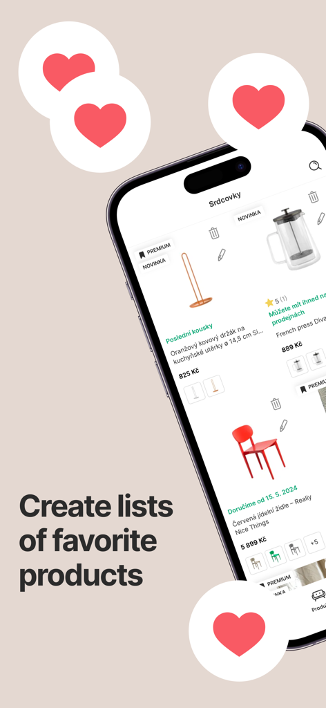 Bonami – Your Unique Home - iPhone screen showing the Bonami app favorites list with designer furniture and home accessories.
