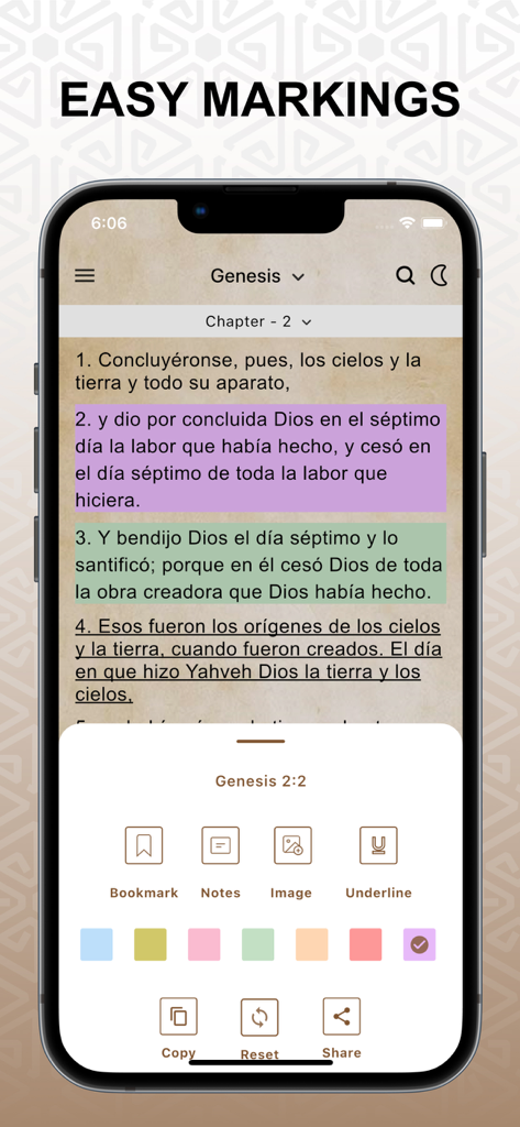Catecismo Iglesia Católica Pro - Interface of the Catecismo app showing bible verses from Genesis with color highlights and marking options like bookmarks and notes