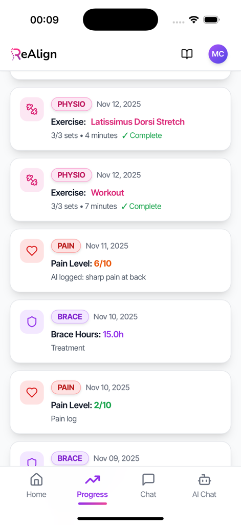 ReAlign Scoliosis app progress screen showing physiotherapy exercises pain levels and brace tracking logs