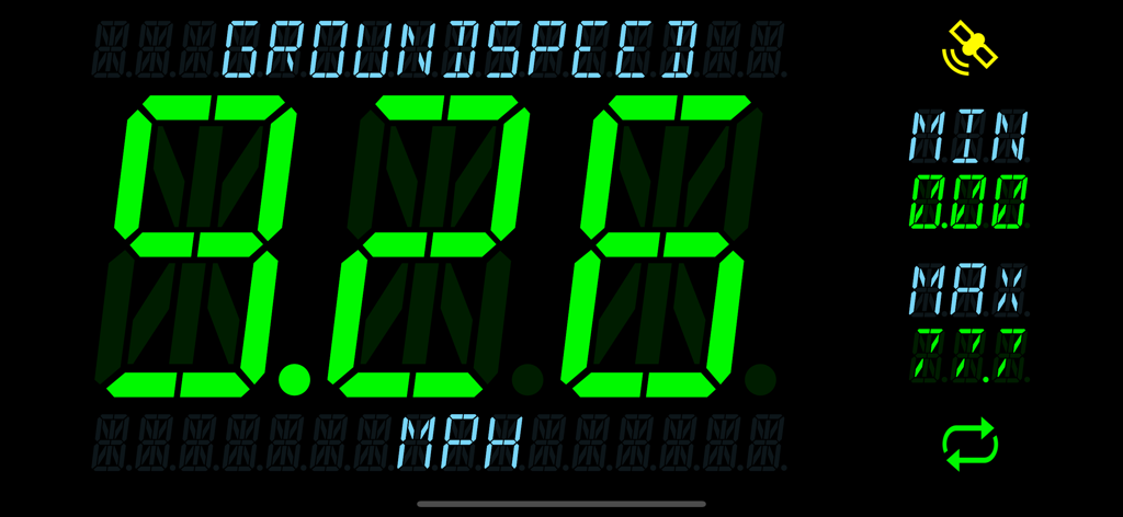Groundspeed - Groundspeed app digital speedometer interface displaying current speed in MPH with large green high-contrast digits and min max tracking