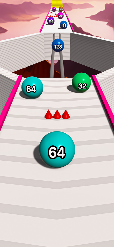 Ball Run :number master 2048 - Una bola azul numerada rodando en una pista hacia obstáculos y otras bolas en un juego de corredor 2048