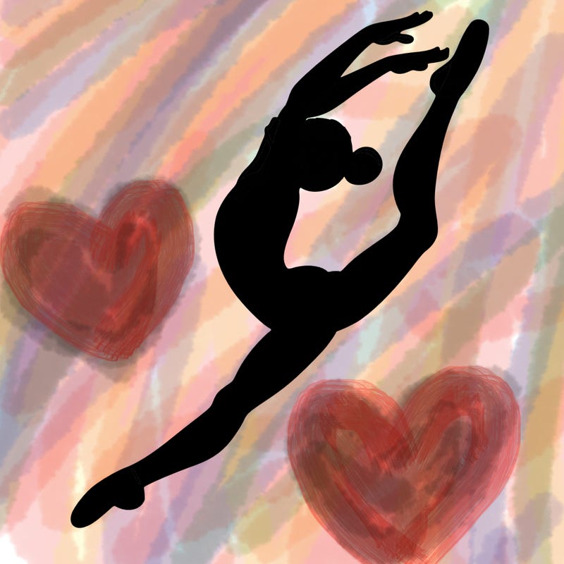 gymnast doing a leap in a leotard with a bent back leg