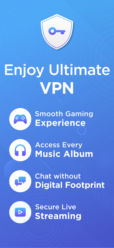 VPN for iPhone:Super VPN Proxy - Interfaz de la app Super VPN Proxy mostrando beneficios para juegos, música, chat y streaming en vivo.