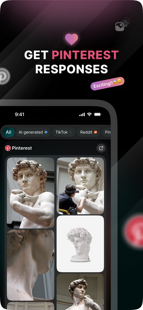 Captura de pantalla de la aplicación Navo que muestra resultados de búsqueda de Pinterest con imágenes de la estatua del David de Miguel Ángel.