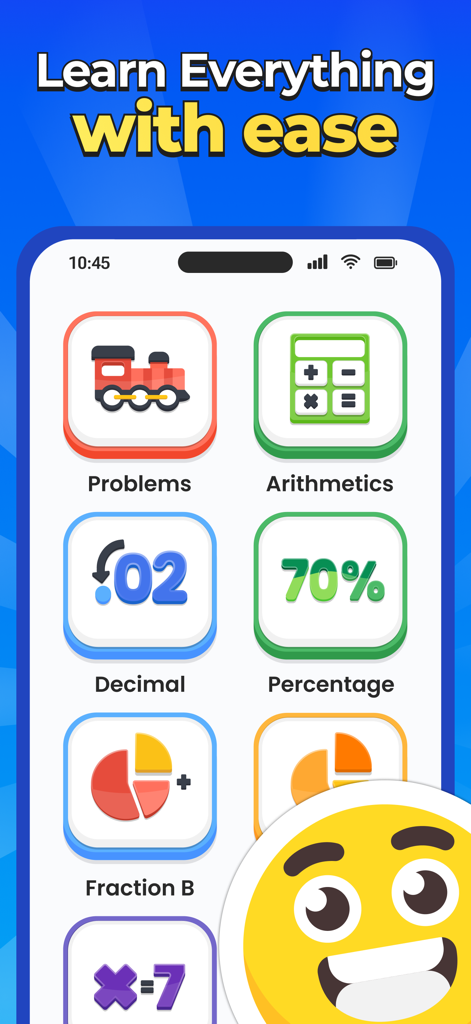 Go Math app interface showing various math learning categories like arithmetic and decimals