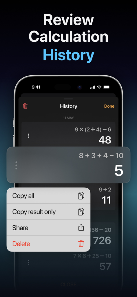 Interfaz que muestra el registro del historial de cálculos con opciones para copiar, compartir y eliminar resultados pasados