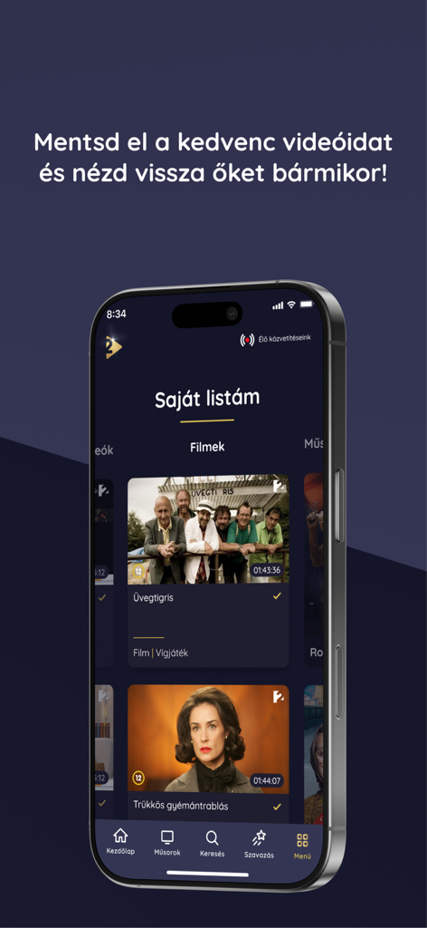 TV2 Play - 様々なハンガリー映画が含まれるTV2 Playアプリの「マイリスト」セクションを表示するスマートフォンの画面