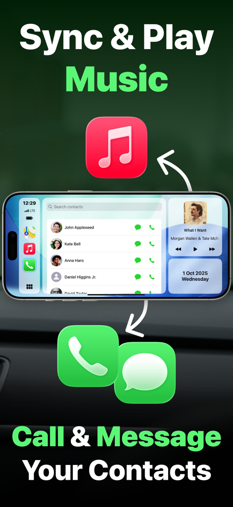 Smartphone in landscape mode displaying Car Play Connect dashboard with music controls and contact list