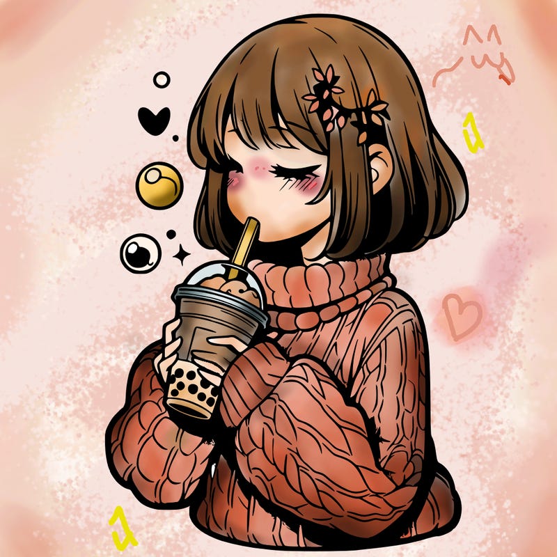 manga girl drinking boba in cozy sweater