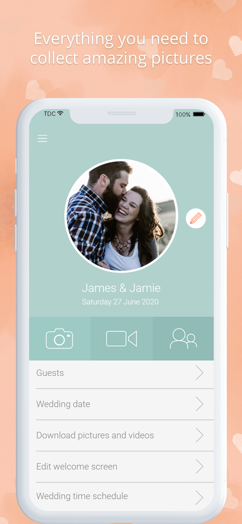 Wedding photo app by Wedbox - Wedbox app home screen showing a couple profile and menu for collecting wedding photos and videos