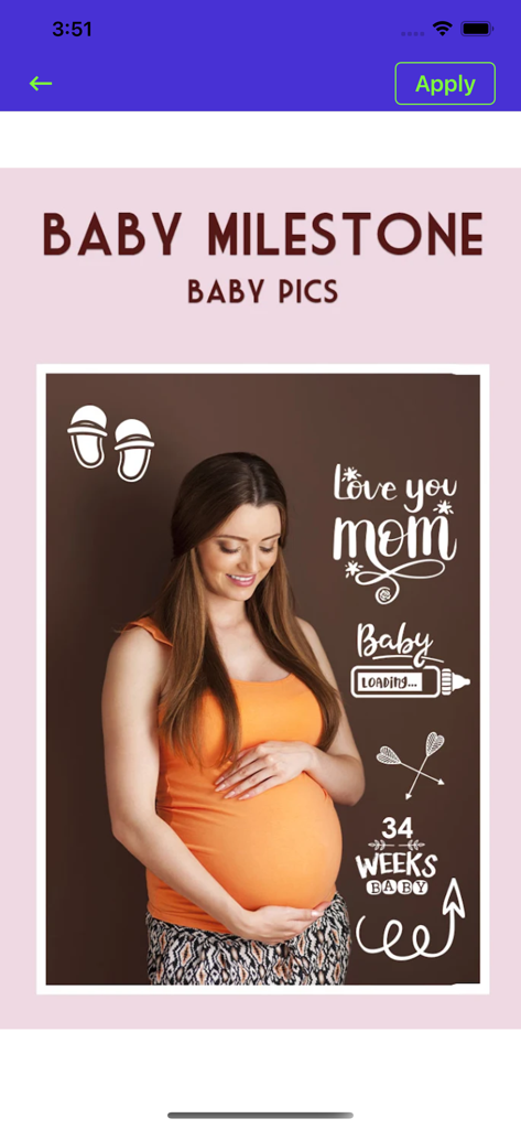 Baby Pics & Baby Photo Editor - Una foto de una mujer embarazada con stickers y dibujos de hitos de bebé de 34 semanas.