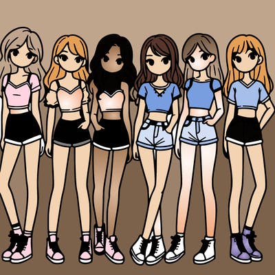 a group of girls wearing crop tops and shorts