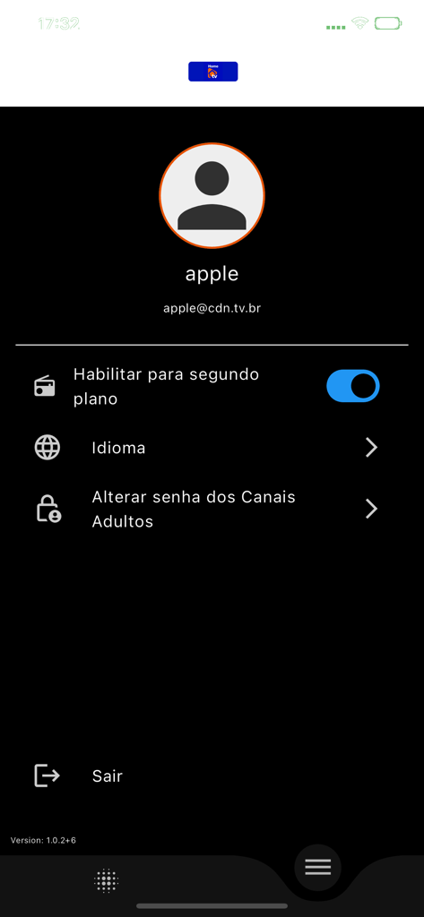 Home TV - Pantalla de configuración de usuario de la aplicación Home TV que muestra información de perfil y opciones de menú en portugués.