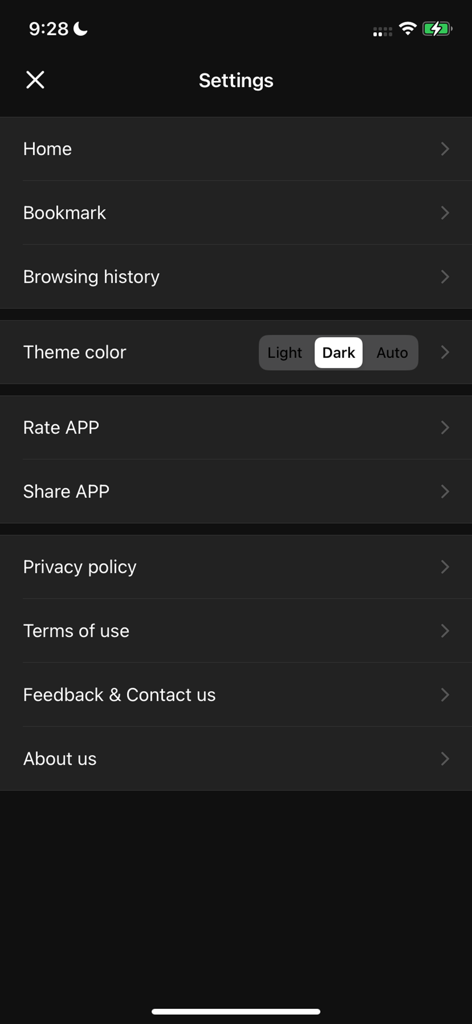Video Tube：Video&Music Player - Pantalla de configuración de la aplicación Video Tube que muestra la selección del tema en modo oscuro y las opciones del menú