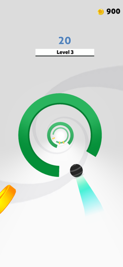 Rolly Vortex - Gameplay of Rolly Vortex showing a ball navigating through a white tunnel with green obstacles.