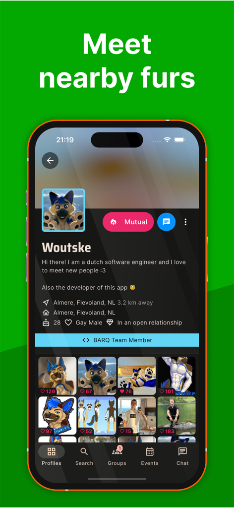 BARQ! - A user profile on the BARQ app showing a bio and a gallery of furry character art and fursuit photos