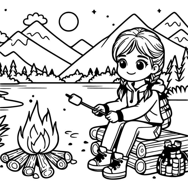 a girl sitting by a campfire roasting marshmallows with mountains in the background.