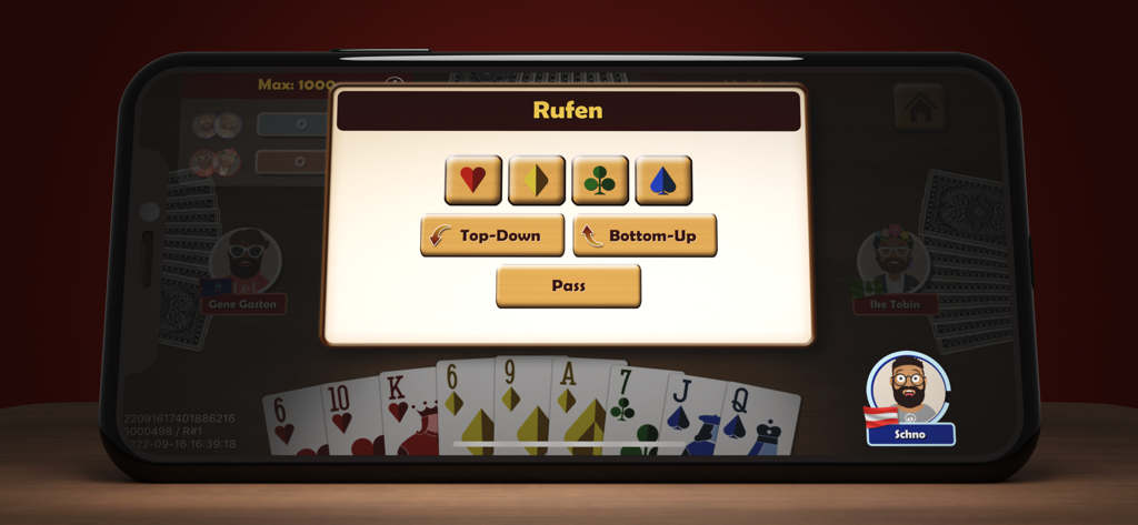 Smartphone screen showing the Rufen trump selection menu in the Jassen Online card game.