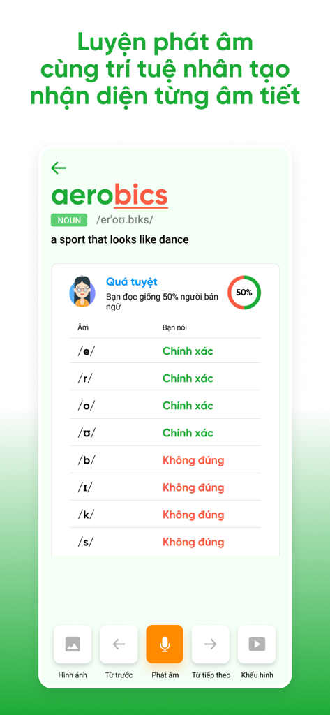 AI pronunciation practice screen in the Easy Class English learning app showing feedback for the word aerobics.