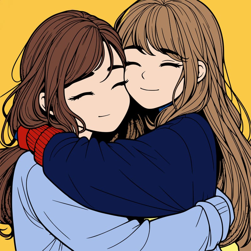 realistic two girls hugging