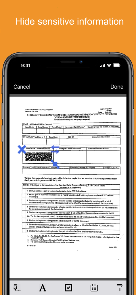 Snapfax:  Pay-as-you-go Fax - Mobile app interface for redacting sensitive information on a document before faxing