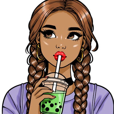 realistic girl with braided hair drinking boba