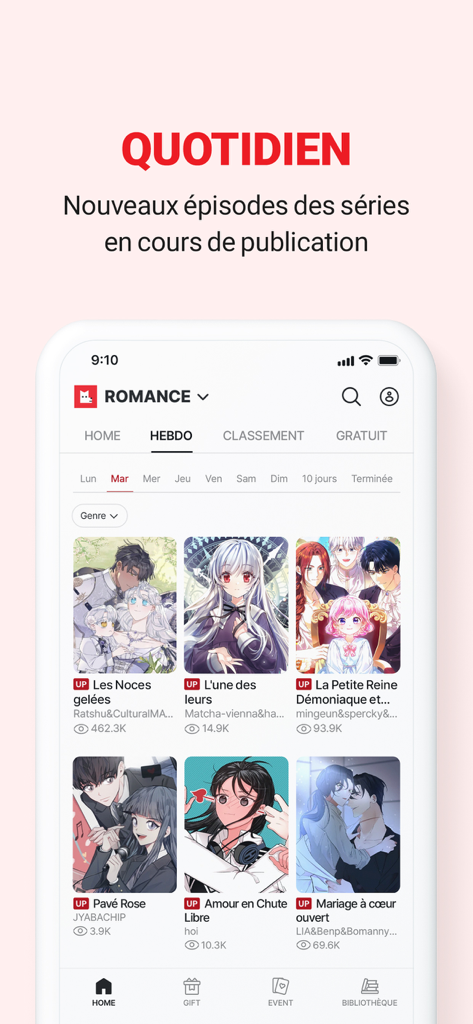 Aplicación móvil LEZHIN ES mostrando una biblioteca de webtoons de romance con actualizaciones diarias