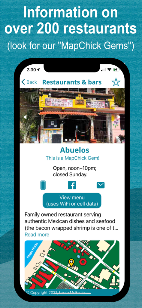 MapChick's Isla Mujeres - Mobile app screen showing a curated restaurant recommendation for Abuelos in Isla Mujeres with a local map and opening hours.
