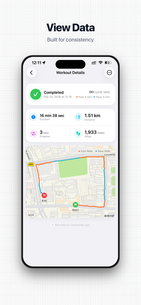 TempoWalk: Interval Walking - TempoWalk app screen showing walking workout details including duration distance steps and an interval route map