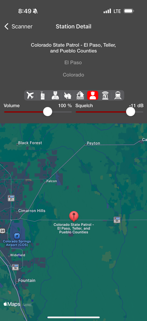 Action Scanner app station detail screen showing Colorado State Patrol feed and geographic location on a map