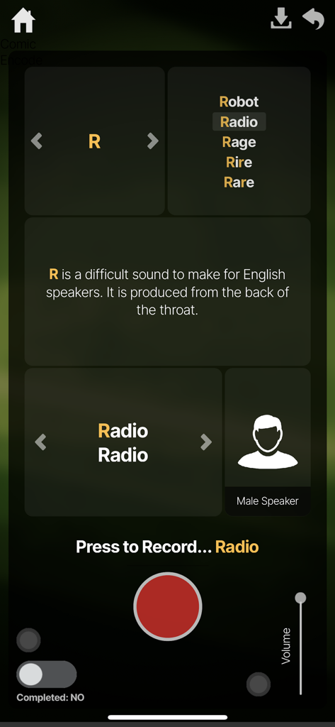 OUINO French (members only) - French pronunciation lesson for the letter R with a record button and speaker instructions.
