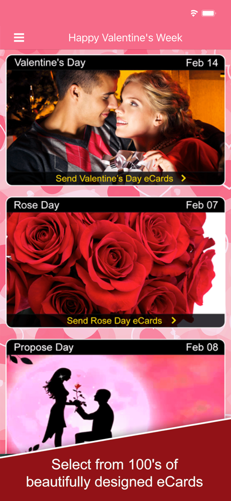 Valentine Week digital card categories showing Valentine Day Rose Day and Propose Day options