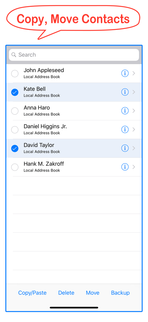 Interface of Delete Contacts Plus app showing multi-select options for copying moving and deleting contacts
