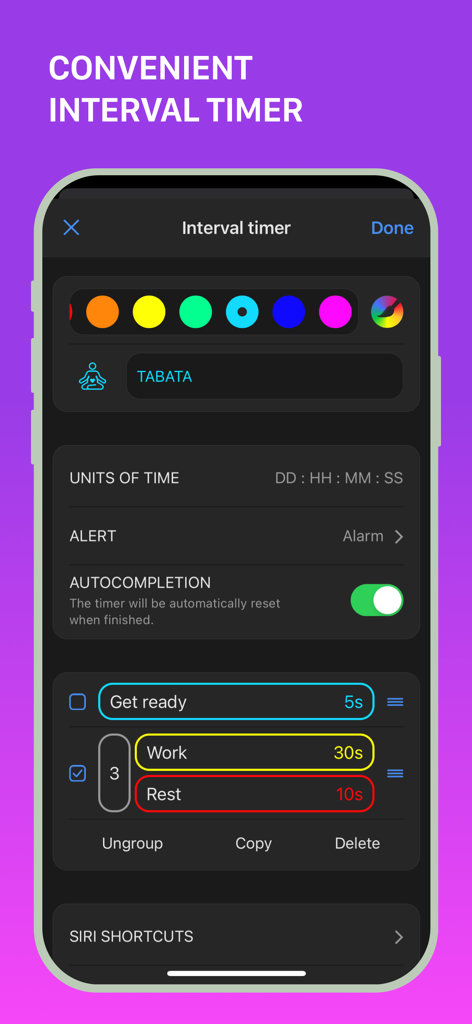 Customizable interval timer settings in the MultiTimer app for a Tabata workout.