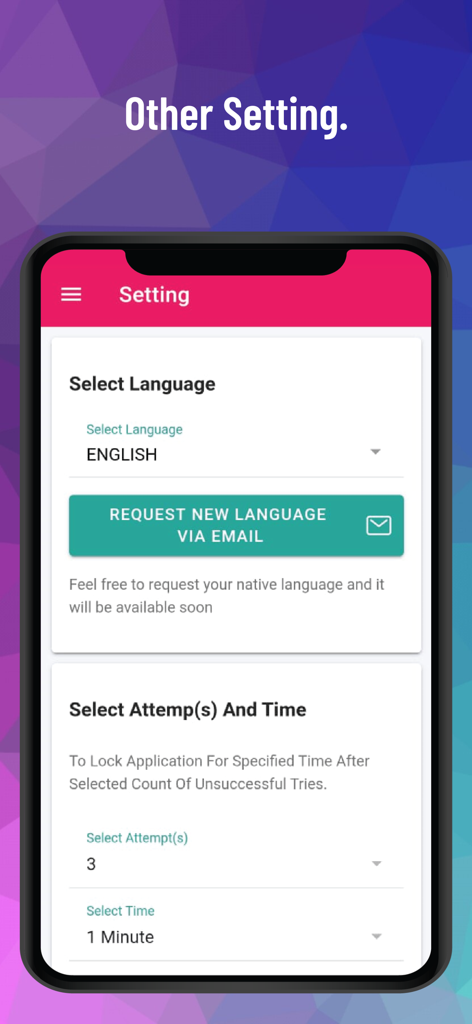 Ecrã de definições do PM Pro mostrando seleção de idioma e controlos de bloqueio de tentativas de login para maior segurança.
