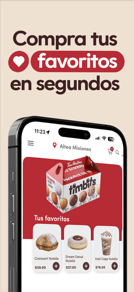 TIM HORTONS MX - Pantalla de la app Tim Hortons MX que muestra artículos de menú favoritos que incluyen Timbits y donas de Nutella en un iPhone.