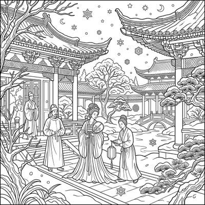 Journey back in time with this beautiful coloring page, capturing the elegance of the Tang Dynasty amidst a serene winter landscape. Detailed imperial architecture and graceful figures await your creative touch to bring this historical scene to life.