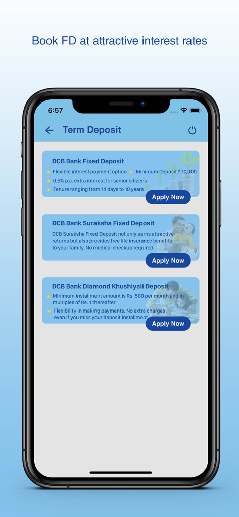 DCB Bank mobile banking app interface showing different fixed deposit products including Term Deposit and Suraksha Fixed Deposit with options to apply now.
