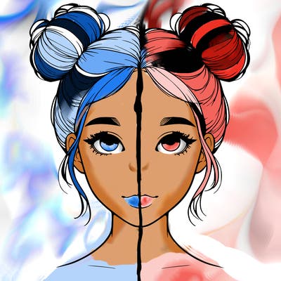 realistic girl with two buns on top of her head