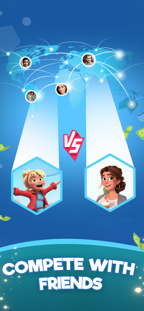 Bingo Win Cash Real Money Game - Competition screen in Bingo Win Cash showing a global map and real opponents