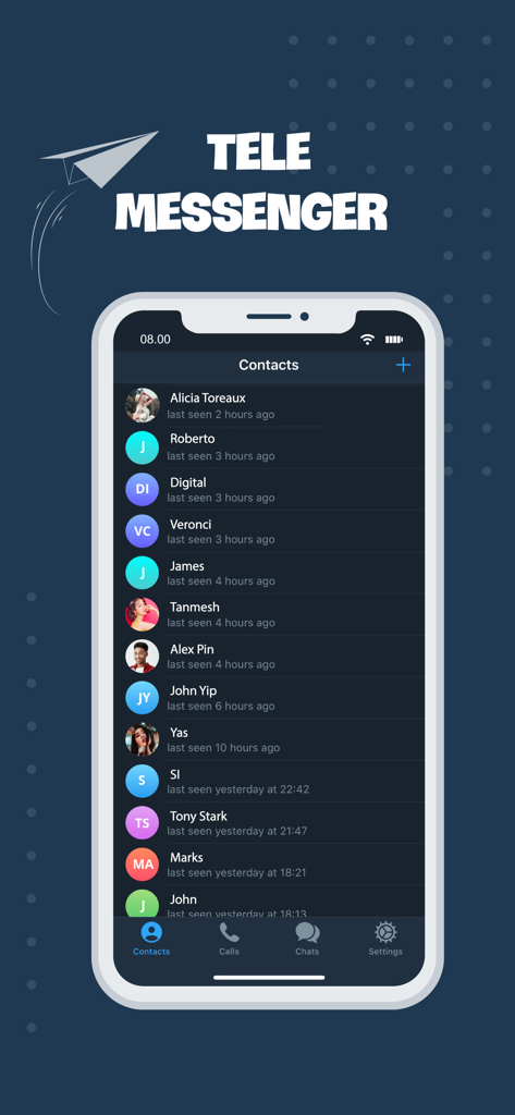 Tela da lista de contatos do aplicativo Tele Messenger mostrando perfis de usuários e seu status de visto por último.