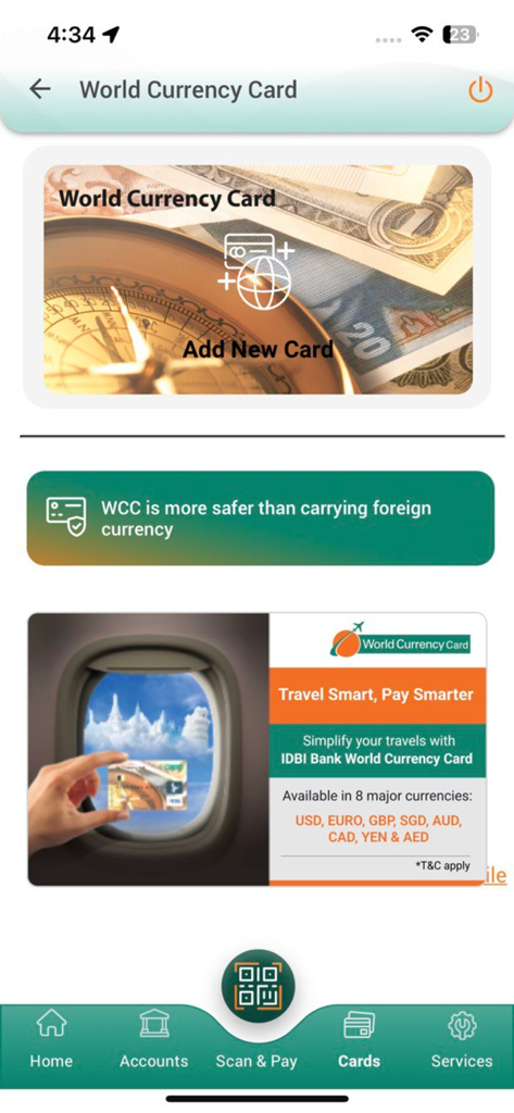 IDBI Bank GO Mobile+ - Pantalla de la aplicación IDBI Bank GO Mobile plus para gestionar tarjetas de divisas mundiales para viajes internacionales y pagos multidivisa